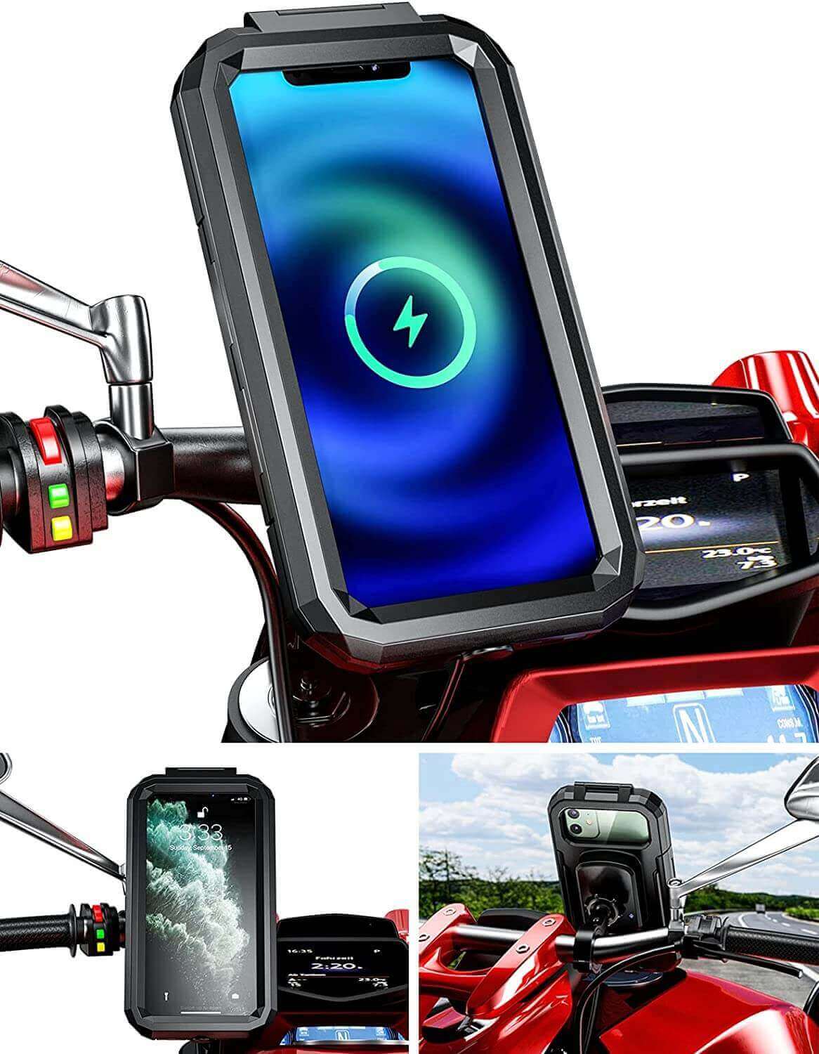 Waterproof Motorcycle Phone holder with wireless charger+USB TypeC charger
